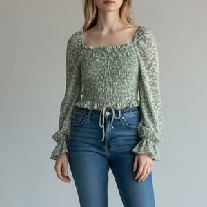 Altar'd State Cropped Top Smocked Blouse Sz S Tie Front Milk Maid Coquette Boho